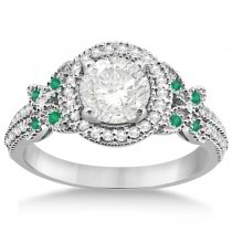 Halo Diamond & Emerald Butterfly Engagement Ring 14k White Gold (0.35ct)