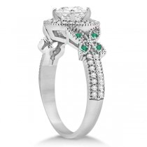 Halo Diamond & Emerald Butterfly Engagement Ring 14k White Gold (0.35ct)
