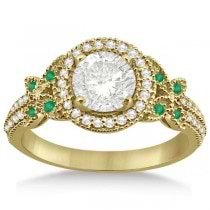 Halo Diamond & Emerald Butterfly Engagement Ring 14k Yellow Gold (0.35ct)