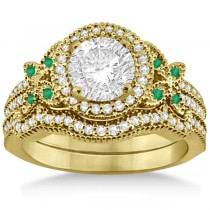 Butterfly Diamond & Emerald Engagement Ring & Band 14k Yellow Gold (0.50ct)