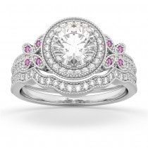 Butterfly Diamond & Pink Sapphire Engagement Set 14k White Gold (0.50ct)