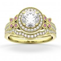 Butterfly Diamond & Pink Sapphire Engagement Set 14k Yellow Gold (0.50ct)