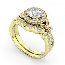 Butterfly Diamond & Pink Sapphire Engagement Set 18k Yellow Gold (0.50ct)