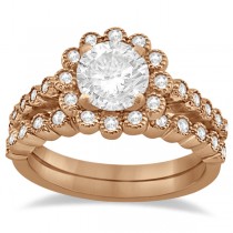 Diamond Halo Flower Engagement Ring & Wedding Band 18k Rose Gold (0.53ct)