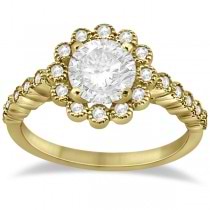 Diamond Halo Flower Engagement Ring & Wedding Band 18k Yellow Gold (0.53ct)