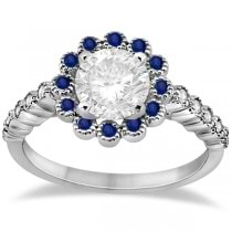 Flower Diamond & Blue Sapphire Bridal Ring Set 14k White Gold (0.66ct)