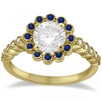 Flower Diamond & Blue Sapphire Bridal Ring Set 14k Yellow Gold (0.66ct)