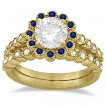 Flower Diamond & Blue Sapphire Bridal Ring Set 18k Yellow Gold (0.66ct)