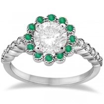 Flower Diamond and Emerald Bridal Ring Set 14k White Gold (0.65ct)