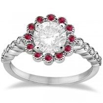 Flower Diamond and Ruby Engagement Ring 14k White Gold (0.51ct)