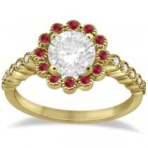 Flower Diamond and Ruby Bridal Ring Set 14k Yellow Gold (0.71ct)