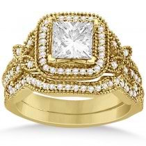 Butterfly Square Halo Design Diamond Bridal Set 14k Yellow Gold 0.51ct