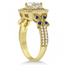 Butterfly Square Halo Sapphire Engagement Ring 14k Yellow Gold 0.34ct