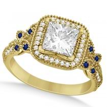 Butterfly Square Halo Sapphire Engagement Ring 18k Yellow Gold 0.34ct