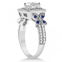 Blue Sapphire Square Halo Butterfly Bridal Set 14k White Gold 0.51ct