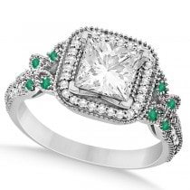 Emerald Square-Halo Butterfly Engagement Ring 14k White Gold (0.34ct)