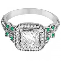 Emerald Square-Halo Butterfly Engagement Ring 14k White Gold (0.34ct)