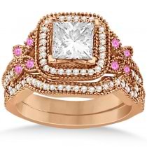 Pink Sapphire Accent Butterfly Halo Bridal Set 14k Rose Gold 0.51ct