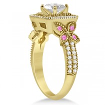Pink Sapphire Accent Butterfly Halo Bridal Set 14k Yellow Gold 0.51ct