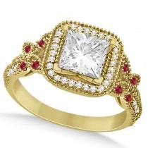 Butterfly Square Halo Ruby Engagement Ring 14k Yellow Gold 0.34ct