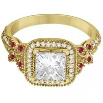 Butterfly Square Halo Ruby Engagement Ring 14k Yellow Gold 0.34ct