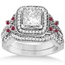 Ruby Square Halo Butterfly Bridal Set 14k White Gold 0.51ct