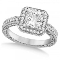 Milgrain Halo Princess Diamond Engagement Ring 14k White Gold (1.00ct)
