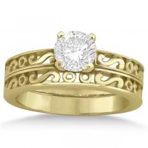 Hand Carved Vintage Infintiy Solitaire Bridal Set in 18k Yellow Gold