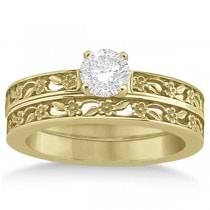 Flower Carved Solitaire Engagement Ring & Wedding Band 14k Yellow Gold