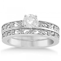 Flower Carved Solitaire Engagement Ring & Wedding Band 18kt White Gold