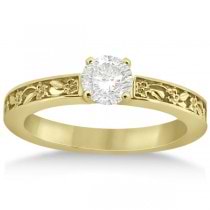 Flower Carved Solitaire Engagement Ring & Wedding Band 18k Yellow Gold