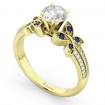 Diamond & Blue Sapphire Butterfly Engagement Ring 18K Yellow Gold
