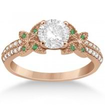 Diamond & Green Emerald Butterfly Engagement Ring 14K Rose Gold