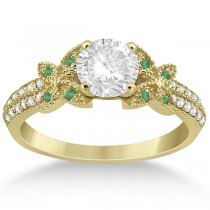 Diamond & Green Emerald Butterfly Engagement Ring 14K Yellow Gold