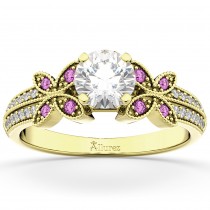 Diamond & Pink Sapphire Butterfly Engagement Ring 14K Yellow Gold