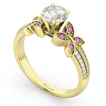 Diamond & Pink Sapphire Butterfly Engagement Ring 14K Yellow Gold