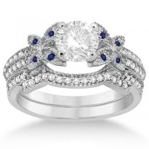 Butterfly Diamond & Blue Sapphire Bridal Set 18k White Gold (0.39ct)