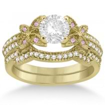 Butterfly Diamond & Pink Sapphire Bridal Set 18k Yellow Gold (0.39ct)