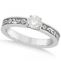 Hand-Carved Flower Design Solitaire Engagement Ring in 14k White Gold