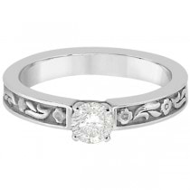 Hand-Carved Flower Design Solitaire Engagement Ring in 14k White Gold