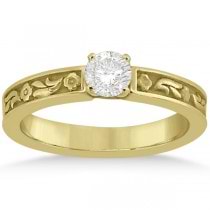 Hand-Carved Flower Design Solitaire Engagement Ring in 18k Yellow Gold