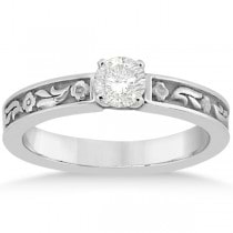 Hand-Carved Flower Design Solitaire Engagement Ring in Platinum