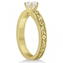 Carved Eternity Flower Design Solitaire Bridal Set in 14k Yellow Gold