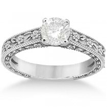 Carved Flower Solitaire Engagement Ring Setting in 14K White Gold