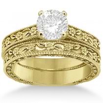 Carved Floral Wedding Set Engagement Ring & Band 14K Yellow Gold