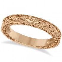 Carved Floral Wedding Set Engagement Ring & Band 18K Rose Gold