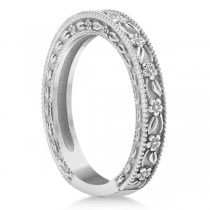 Carved Floral Wedding Set Engagement Ring & Band 18K White Gold