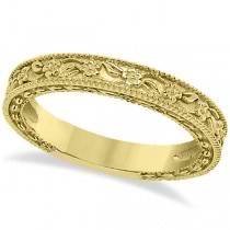 Carved Floral Designed Wedding Band Anniversary Ring in 14K Yellow Gold