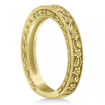 Carved Floral Designed Wedding Band Anniversary Ring in 14K Yellow Gold