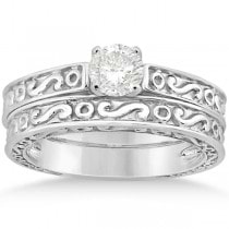 Hand-Carved Infinity Filigree Solitaire Bridal Set in 18k White Gold